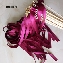 Hot 50pcs/lot Wine wedding ribbon wands with gold bell ribbon Twirling Streamers wedding ribbon stick for wedding 2024 - buy cheap