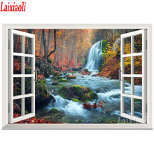 Cuadro de punto de cruz 5D para ventana, bordado de diamantes de imitación, paisaje de cascada natural, árbol, otoño 2024 - compra barato