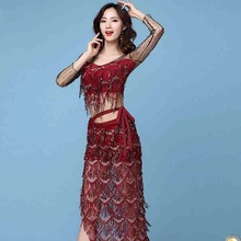 Women Dance Costumes Practice Wear Set Oriental Dance Bellydance Mesh Tassels Sequined With Safety Shorts Dancewear Team FF1530 2024 - buy cheap