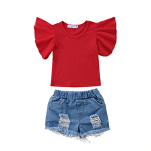 Nova Moda Da Criança Do Bebê Dos Miúdos Meninas Roupas Jeans Tops Alças T-shirt Calças Shorts Roupas Roupas de Verão 2024 - compre barato