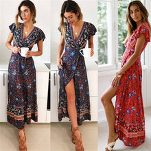 Women Boho Floral Printed Dress 2019 Summer Holiday Beach Long Maxi Evening Party Dress Chic Ethnic Style V-neck Split Dresses 2024 - buy cheap