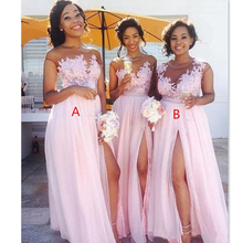 Cheap Country blush pink bridesmaid dresses Sexy sheer Jewel neck lace appliques maid of honor dress split formal evening gowns 2024 - buy cheap