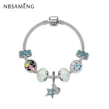 Pulsera de cuero chapada en plata para mujer, brazalete de cuentas de cristal de escorpión azul, flor de corazón, compatible con pulsera de cuero, joyería artesanal, novedad 2024 - compra barato