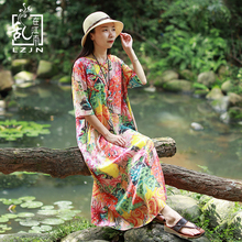 LZJN Long Ethnic Dresses 2019 Summer Robe Femme Half Sleeve V-Neck Colorful Floral Print Chinese Maxi Shirt Dress for Women Mori 2024 - buy cheap