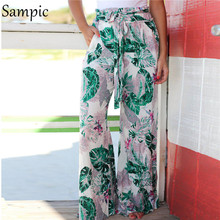 Sampic calças femininas soltas de cintura alta, calças de praia largas, casual, com estampa floral, faixas rosa, calças compridas de verão 2024 - compre barato