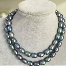 Dupla vertente 9-10mm natural tahitian preto blue pearl necklace 32 "14 K amarelo 2024 - compre barato