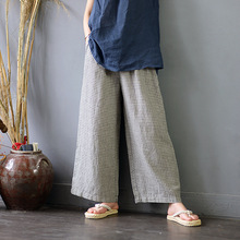 Women Plaid Linen Wide Leg Pants Ladies Elastic Waist Plaid Flax Pants Female Loose Trousers 2018 Summer Autumn 2024 - buy cheap