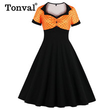 Tonval-vestido Midi naranja y negro para mujer, de cintura alta, Vintage, Pin Up, escote Corazón, botones delanteros, lunares, años 1950 2024 - compra barato