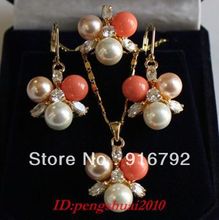 free shipping ******Charming White Pink Pearl Coral 18KGP Gold Crystal necklace earring ring set 2024 - buy cheap