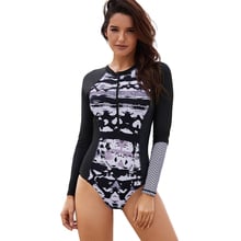 Women's Patchwork Print One Piece Zip Front Rashguard Long Sleeve Swimsuit Surfing Swimming Suit Tankini Surf Swimwear 3 Styles 2024 - buy cheap