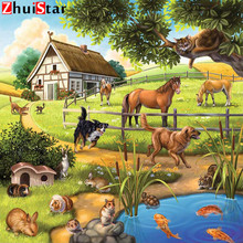 Cuadro de mosaico de diamantes de imitación para granja, cuadro de punto de cruz bordado con diamantes de imitación para perro, cuadro de caballo cuadrado completo de diamantes de imitación XY1 2024 - compra barato