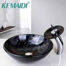 KEMAIDI Bathroom Round Basin Faucets Clear Glass Vessel Sink Basin with Match Waterfall Faucet &Pop-Up Drain Included 2024 - buy cheap