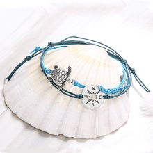 Conjunto de pulseira prateada feminina 2 tamanhos, bracelete retrô com bússola de tartaruga e couro trançado, joias de festa para presente 2024 - compre barato