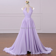 Lavender A Line Chiffon Long Formal Evening Dresses V Neck Cap Sleeves Pleats Backless Court Train 2018 Prom Dresses Vestidos 2024 - buy cheap