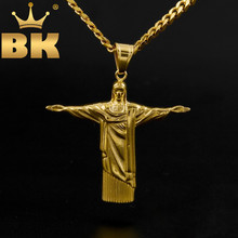 Stainless Steel Gold Christ The Redeemer Cross Pendant Brazil Rio De Janeiro Statue Jesus Piece With 5mm Cuban Chain Necklace 2024 - buy cheap