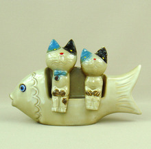 Wacky Ceramics Cat Lovers Miniature Handmade Porcelain Kitten and Fish Figurine Decor Novelty Gift Craft Ornament Accessories 2024 - buy cheap