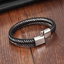 XQNI Cross Braided Bracelet Black/Steel Clasp 6*12MM Wrap Bracelet For Men Stitching Genuine Leather Bracelet Pulsera Hombre 2024 - buy cheap