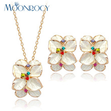 MOONROCY Zirconia Jewelry wholesale Free Shipping Rose Gold Color And Austrian White flower earring and necklace Jewelry set 2024 - buy cheap
