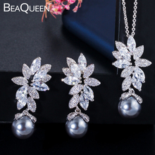 BeaQueen-pendientes de circonia cúbica delicada para mujer, Micro hoja pavimentada, flor, Perla gris, colgante, collar, juegos de joyas para mujer JS198 2024 - compra barato