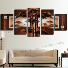 Hand Painted Landscape Modern Oil Painting On Canvas Tree African Scenery Guaranteed Wall Decor Canvas Picture 5 Panel Wall Art 2024 - buy cheap