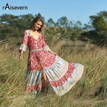 Raisevern Women Bohemian Dress Flare Sleeve Button Dress Floral Print Ethnic Beach Boho Long Dress Vestidos Maxi Boho Dresses 2024 - buy cheap