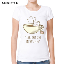 AMEITTE Funny a cup of tea T Shirt Summer Cute Cat Tea Print T-shirts Harajuku Tees For Women White Geek Style Tops Female 2024 - buy cheap