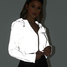 Reflexivo com capuz jaqueta feminina noite brilhante curto casaco streetwear manga longa com zíper outwear feminino jaqueta reflexiva 2024 - compre barato
