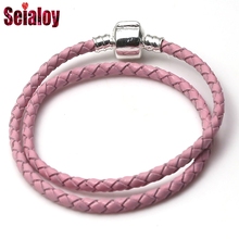 SEIALOY 8 Colors Double Loop Woven Leather Bracelets For Women Cartoon Brands Charm Silver Plated Buckle Scalp Bracelet Gifts 2024 - buy cheap