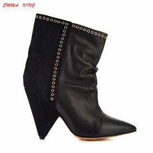 2019 Fashion Suede Leather Patchwork Sexy Ankle Boots Women Spike High Heel Pointy Toe Metal Pleated Flock Ladies Short Boots 2024 - buy cheap