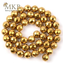 Wholesale Natural Stone Beads Faceted Golds Plated Hematite Round Beads For Jewelry Making 15inches 2/3/4/6/8/10mm Pick Size 2024 - buy cheap