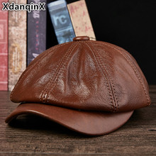 XdanqinX Genuine Leather Hat Autumn Men's Cowhide Leather Beret Elegant Fashion Young Student Tongue Cap Snapback Caps For Men 2024 - buy cheap