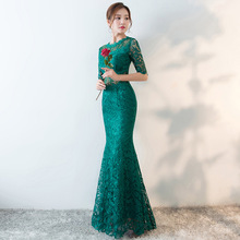 Vestido Qipao de encaje para mujer con cuello mandarín elegante estilo chino tradicional moda largo Cheongsam ajustado vestido de sirena para fiesta 2024 - compra barato