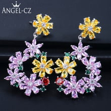 ANGELCZ Brand Luxury Geometry Flower Pave Pink Yellow Cubic Zirconia Long Big Party Drop Earrings Fashion Women Jewelry AE240 2024 - buy cheap