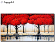 Pintura al óleo sobre lienzo de paisaje de árbol rojo pintado a mano, 100%, Arte Abstracto contemporáneo de paisaje para decoración para sala de estar 2024 - compra barato