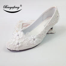 BaoYaFang 2019 New arrival White flower Party Heeled Shoes Woman High Heel Pumps Ladies Wedding shoes round toe Patent leather 2024 - buy cheap