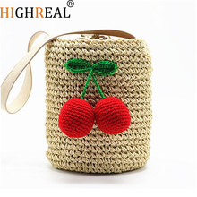 Highreal pompom cereja estilo verão bolsas de mão cilindros boêmio cabelos indianos bolsa de palha tecido tailandês bolsa de praia 2024 - compre barato