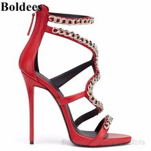 Sandalias de tacón alto de piel sintética para mujer, zapatos de fiesta de aguja con cadenas doradas y cremallera, color rojo y blanco, 12cm 2024 - compra barato