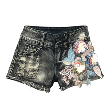Summer Fashion Women Low Waisted Ripped Hole Sequins Flower Embroidery Grey Denim Shorts , Korea Womens Lady Tassel Jean Shorts 2024 - buy cheap