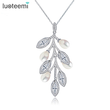 LUOTEEMI White Gold-Color Luxury Full Zircon with Imitation Pearl Leaft Pendant Link Chain Necklace Women Girl Charming Jewelry 2024 - buy cheap