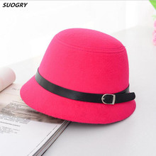 SUOGRY Women Solid Wool Felt Cloche Hats Black Red Fedoras Vintage Western Bucket Hats for Women Female Bowler Hats with Belts 2024 - buy cheap