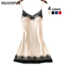 RIUOOPLIE Women Sexy V Neck Silk Lace Splicing Slim Sleepwear Mini Dress Satin Pajamas 2024 - buy cheap