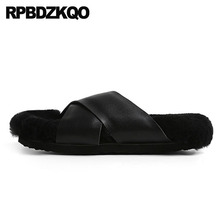 Real Fur Sheepskin Sandals Wool Slides Leather Luxury Shoes Women Designers Korean Slippers Fluffy Plush Winter 5 Furry Black 2024 - buy cheap