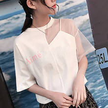 Sexy Patchwork Mesh Tops Summer Women T-shirt Korean Style Round Collar Short Sleeve Tee Shirt Femme Streetwear T Shirt Blusas 2024 - buy cheap