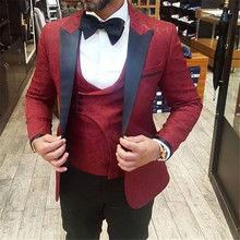 Burgundy Jacquard Pattern Wedding Mens Suits for Groom Tuxedos 2019 Three Piece Jacket Vest Black Pants Slim Fit Custom Suit 2024 - buy cheap