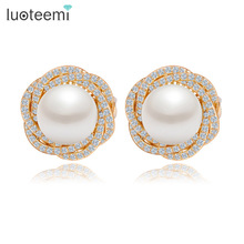 LUOTEEMI New Design Flower White&Champagne Gold-Color Party Earrings Ear Clips Jewelry for Women Big Imitation Pearl Brincos 2024 - buy cheap