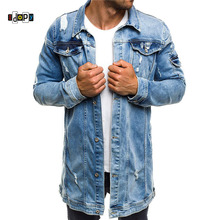 Idopy Mens Denim Jacket Bomber Jacket Long Street Vintage Biker Slim Fit Distressed Hole Ripped Cowboy Male Jean Jacket and Coat 2024 - buy cheap