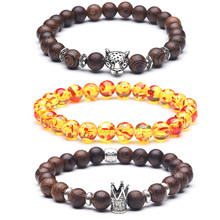 Couples 8MM beads Men Charm Bracelet Jewelry Wood and Beeswax Beaded Alloy Leopard Head Crown Handmade Strand Bracelets Male 2024 - buy cheap