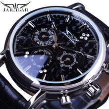 Мужские автоматические механические наручные часы Jaragar, модные роскошные черные часы с кожаным ремешком, 3 циферблата, 6 стрелок, дата, Reloj Hombre 2024 - купить недорого