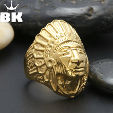 Mens Boys Gold Tone Carved Indian Head Ring 316L Stainless steel Ring US Size 8-12 Wholesale jewelry, cocktail ring, men's ring, fashion jewelry, Gold plated Mens Ring 2024 - buy cheap