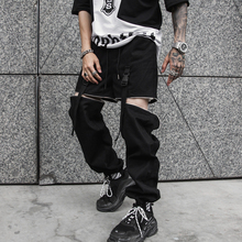 Новые разборные черные мужские брюки для бега, осенние модные мужские прямые шаровары с лентами в стиле хип-хоп, уличная одежда 2024 - купить недорого